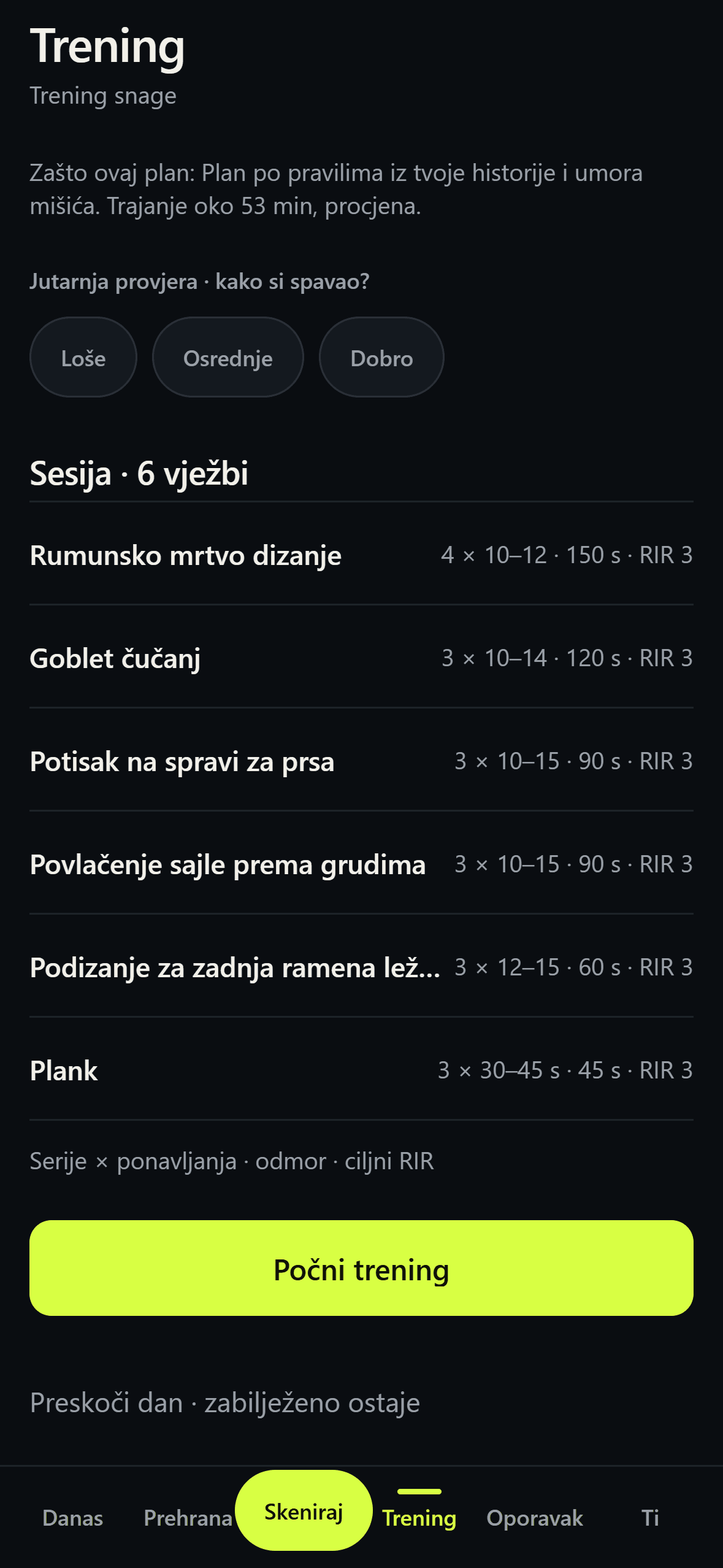 The Veyrova training screen in Bosnian, showing a strength day of six exercises, each with its sets, rep range, rest in seconds and target reps in reserve on one line.